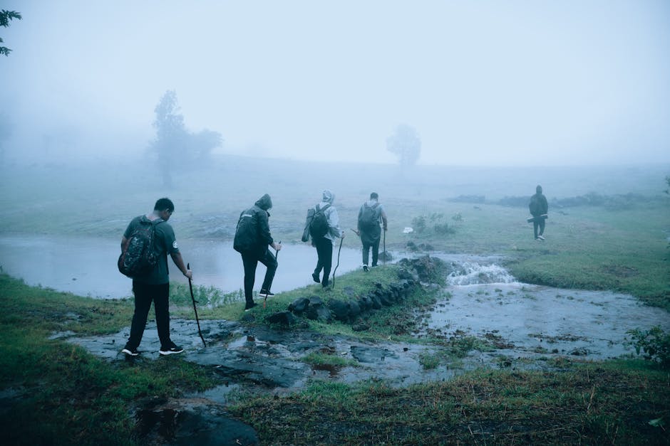 A group of hikers trekking through foggy countryside, creating a sense of adventure in misty weather